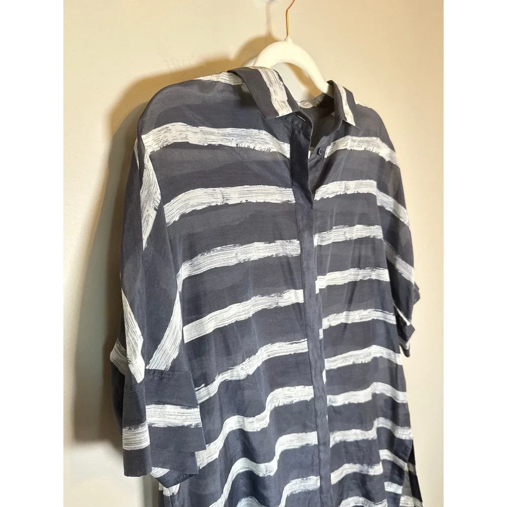 Lafayette 148 New York • Silk Blend Striped Short Sleeve Button‎ Up Shirt Top M - Picture 6 of 8